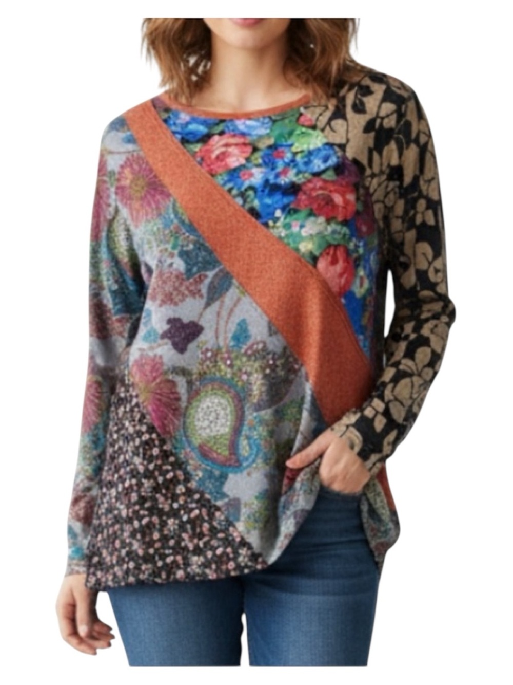 Tru Luxe Jeans Top Medium Floral Patchwork Mixed Print Boho Artsy Long Sleeve